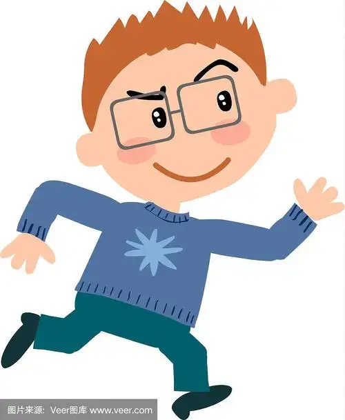 卡通形象的男孩,戴着眼镜跑步