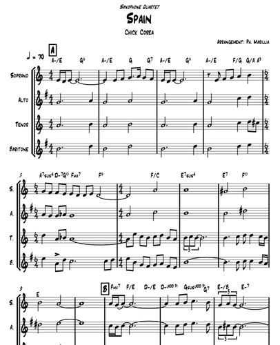 萨克斯四重奏大爵士乐队西班牙spain乐谱pdf