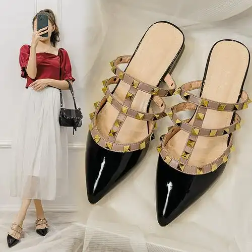 新款夏季性感仙女风百搭粗跟罗马鞋尖头镂空女鞋欧美柳钉半拖凉鞋