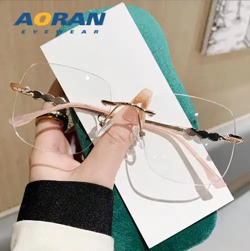 新款方形无框眼镜女可配有度数素颜大框显脸小男防蓝光无边框镜架