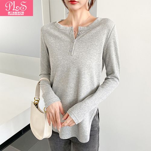 春季新款韩版宽松大码女装纯白纽扣长袖t恤女中长款下摆圆弧上衣