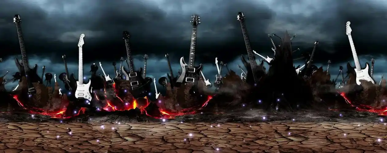 摇滚电吉他火焰地裂燃烧震撼音乐派对背景_1920x760_高清视频素材下载