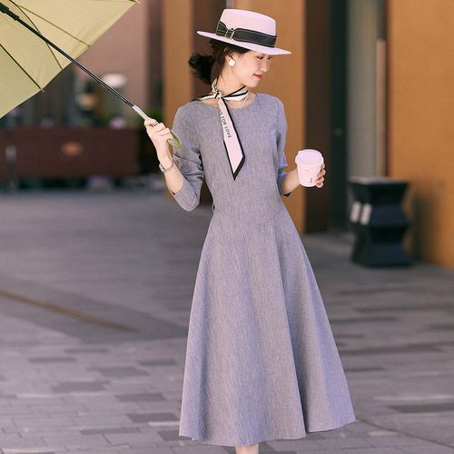 春秋新款法式连衣裙赫本风长裙528灰色温柔风高级感大摆中长裙子