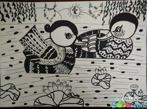 湖面上的鸳鸯鸟动物线描画图片分享