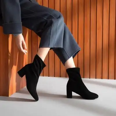 2020秋冬季高帮女鞋弹力靴袜靴高跟鞋粗跟短靴韩版女士靴子