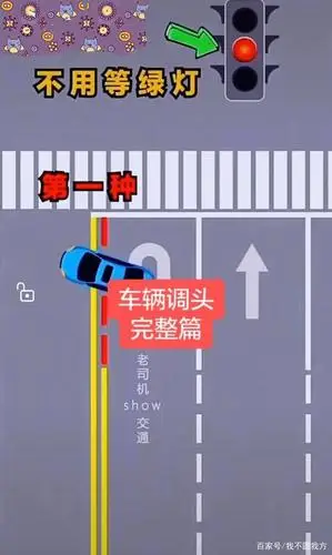 第2种:路口有掉头标志且为双实线,此时需要等绿灯并且过斑马线掉头