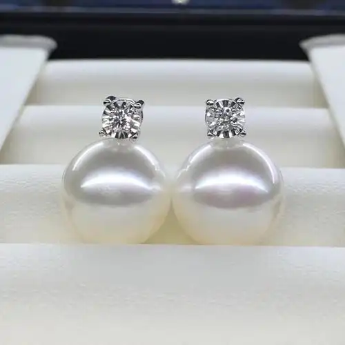 1112mm澳白珍珠耳钉18k金钻石王妃款耳钉