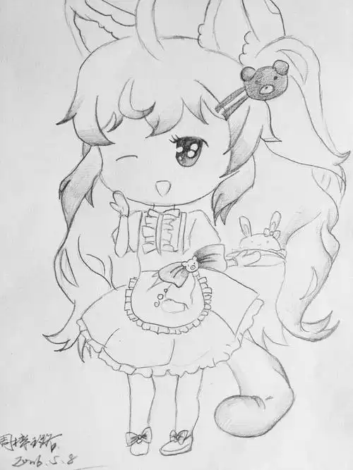 兔耳女仆少女线稿周梓路画