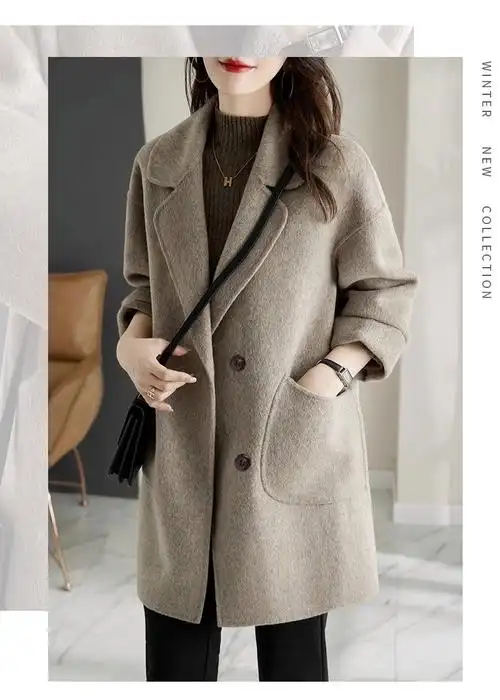 早春新款高级感中长款宽松毛呢外套上衣女时尚呢子外套设计感韩版 - 1