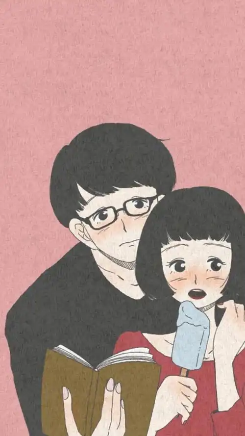 甜蜜小情侣手绘插画手机壁纸