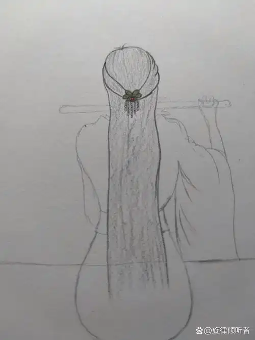 自学彩铅画/12 古风美人背影4   试了一下水溶,失败了,让颜色变得脏