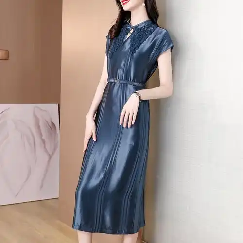 今年流行夏天连衣裙女醋酸缎面真丝时尚妈妈裙子高端欧货名媛轻奢