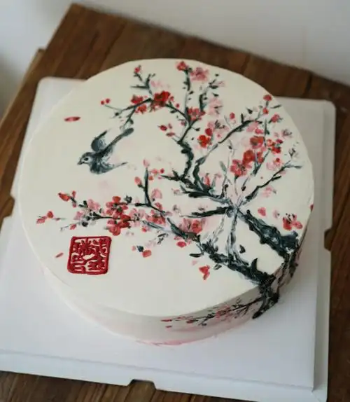 给一个爱画国画的奶奶制作的生日蛋糕,把老人的一副国画作品临摹到了