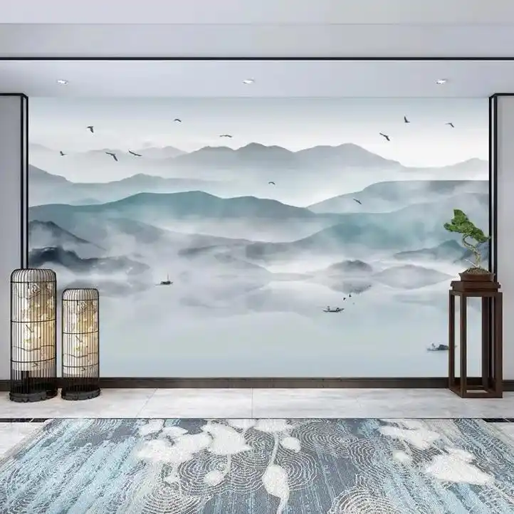 3d新中式水墨山水画古典素雅意境墙布沙发电视背景墙酒店茶室壁纸