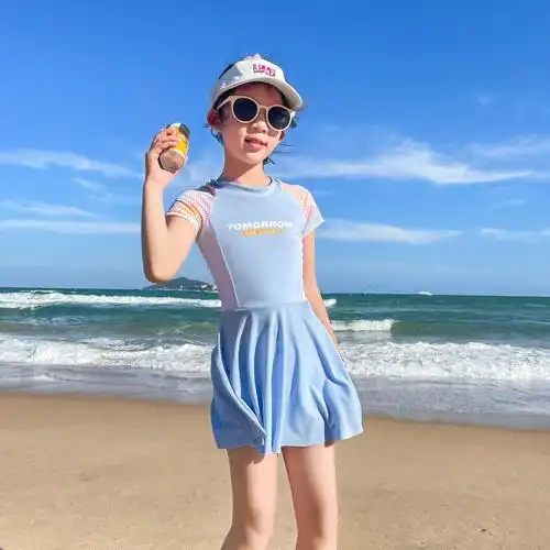 儿童泳衣女童连体裙式保守小女孩中大童学生少女遮肚泳装新款2216