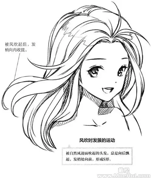 风吹时发簇的运动被自然风迎面吹起的头发,总是向后飘起,发梢处向前