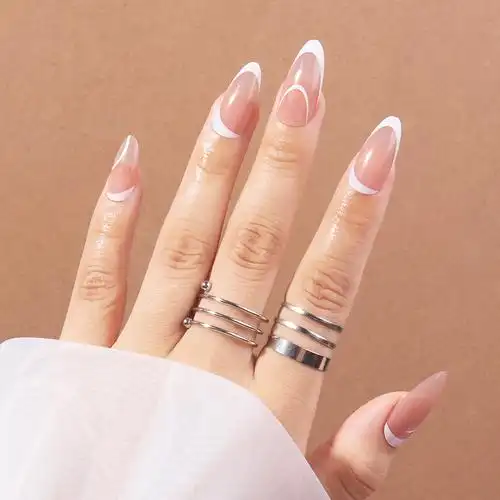 白色简约线条穿戴甲法式美甲贴片假指甲成品批发24片外贸欧美尖甲