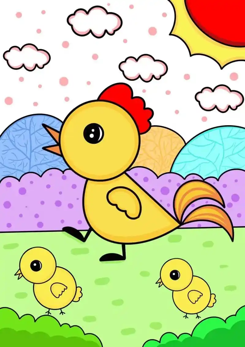 可可爱爱的小鸡简笔画.小鸡排排站,儿童简笔画小鸡,大公鸡喔喔 - 抖音