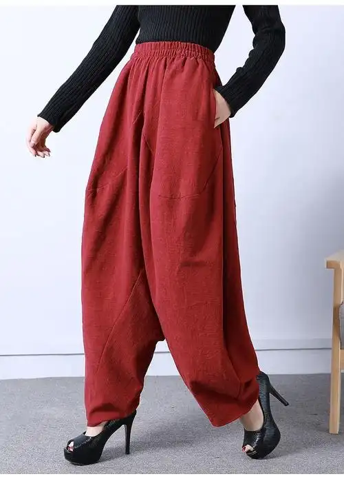 民族风女装秋冬裤子宽松休闲灯笼裤棉麻阔腿女吊裆裤萝卜裤女长裤sn