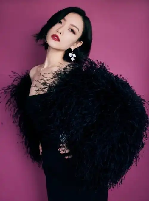 倪妮羽毛束腰黑裙