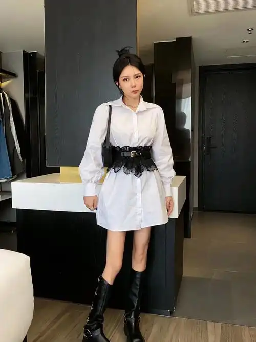 蕾丝女士腰带宽弹力松紧束腰装饰配 衬衫外搭荷叶边腰封黑套装 - 17网