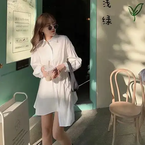 hic小白气质衬衫连衣裙中长裙2021秋季韩版女装新款色长袖