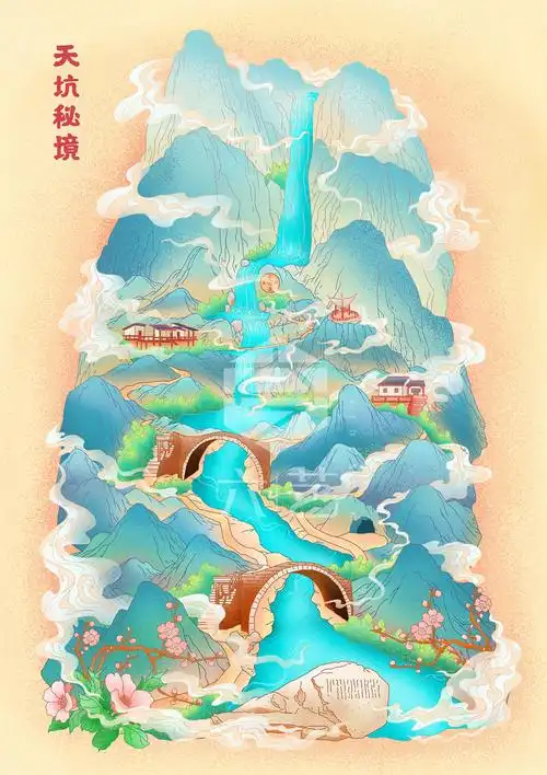 天台山景区大瀑布手绘地图导览图及古风场景插画设计
