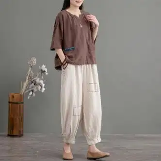 服饰内衣>女装>休闲裤>mdug>mdug素订棉麻套装民族风夏季刺绣文艺复古