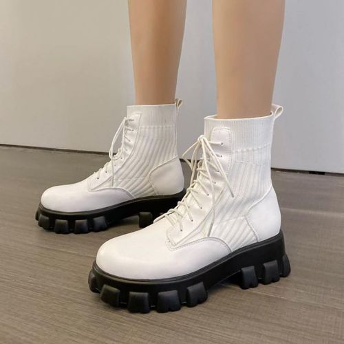 学生白色靴子系带女鞋松糕厚底马丁靴高跟短靴大码女靴小码女 dtx【15