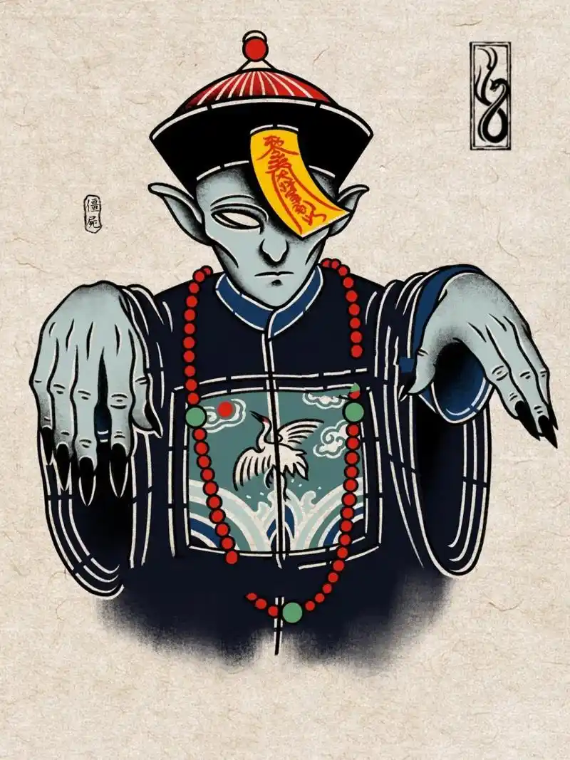 僵尸|中国鬼怪皮影风原创插画 僵尸源于明清时代,属于中国古代民间