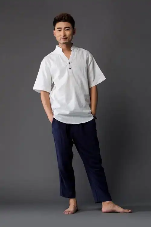 男棉麻短袖t恤 中青年男棉麻短袖t恤 纯