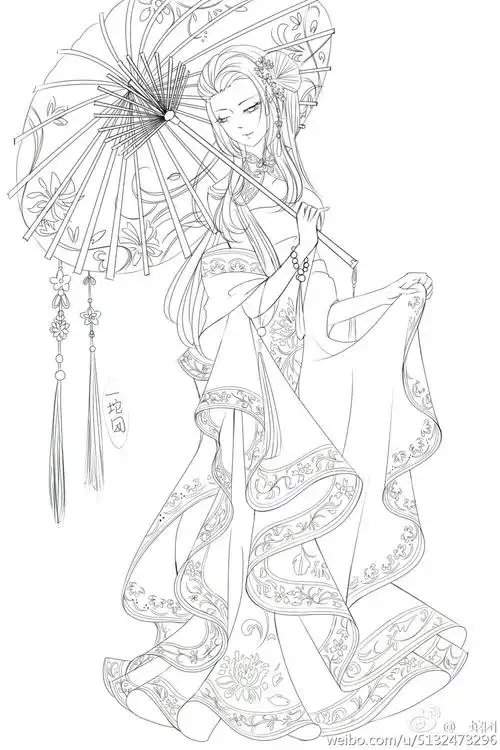 女子裙装正面全身像 古风 奇迹暖暖 手绘线稿 漫画绘画素材——by