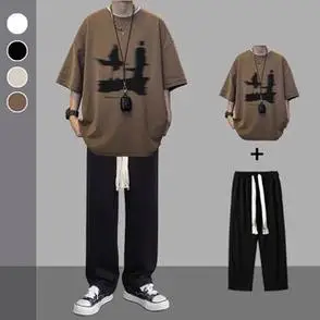 夏装t恤男装男士2024新款圆领短袖潮流帅气配长裤套装穿搭一整套