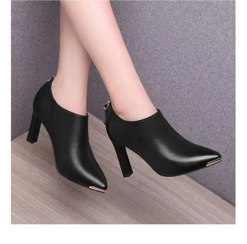 单鞋女春季新款真皮高跟时装鞋 头层牛皮尖头粗跟软面不磨脚单鞋 后