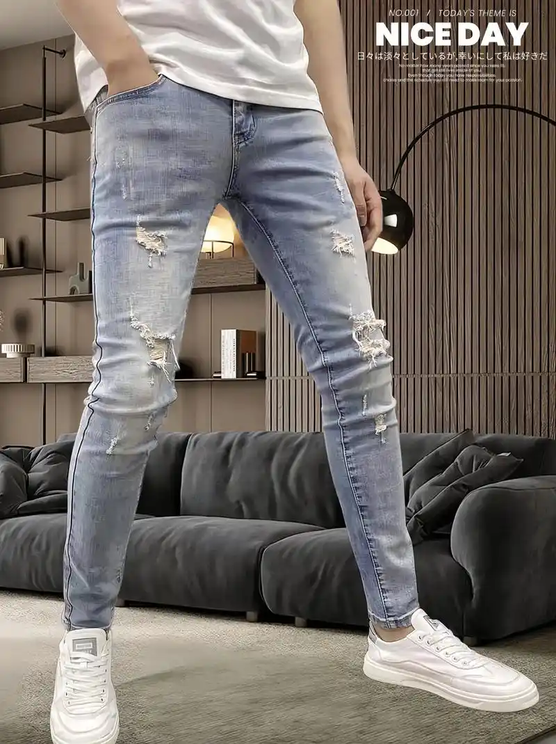 韩版水洗蓝破洞牛仔裤
