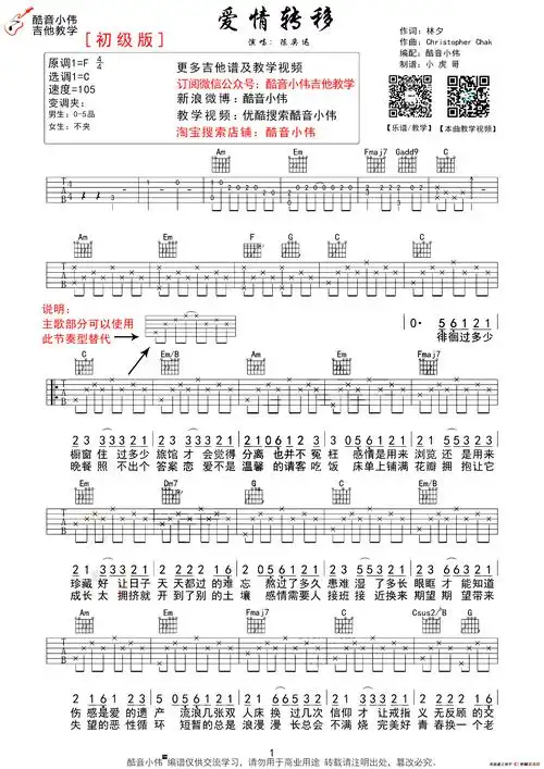 【爱情转移吉他谱】爱情转移(酷音小伟c调简单版)吉他谱