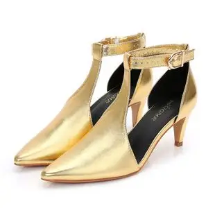 2019春季新款尖头一字皮带方扣脚背带细跟高跟鞋 金色浅口单鞋女