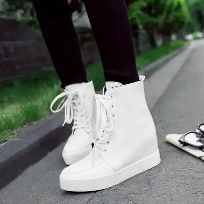 白色马丁靴潮女短靴学院风 学院 大码系带学生厚底 内增高靴子女短筒