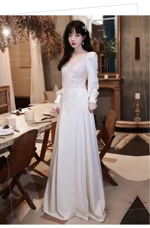 etex轻奢品牌白色晚礼服裙女2021冬季新款高端气质名媛宴会礼服重工