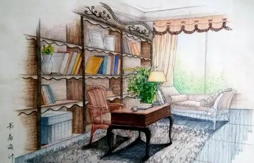美式书房马克笔手绘效果图