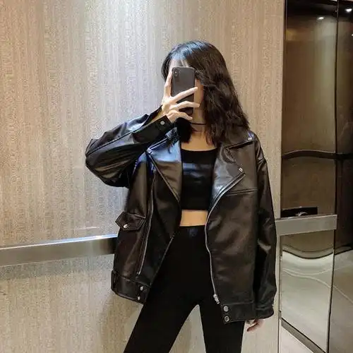 春秋2019新款网红黑色皮衣外套女韩版宽松百搭bf机车服夹克上衣