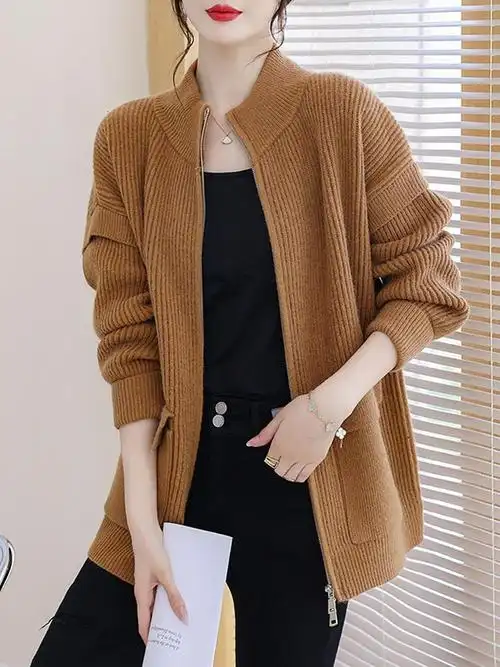 秋冬立领拉链外套女2022新款中长款洋气时尚宽松爆款上衣毛衣开衫