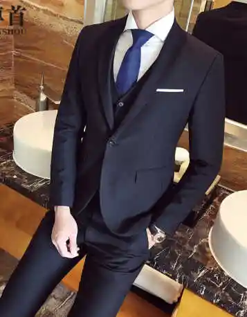 男士单扣西装三件套 黑色全套上衣加裤子加马甲衬衫加皮鞋送皮带领带