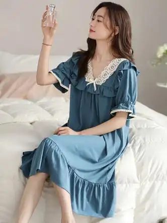 蒙奴斯登莫代尔睡衣睡裙女夏季中长款短袖高级感夏天休闲家居服2023年