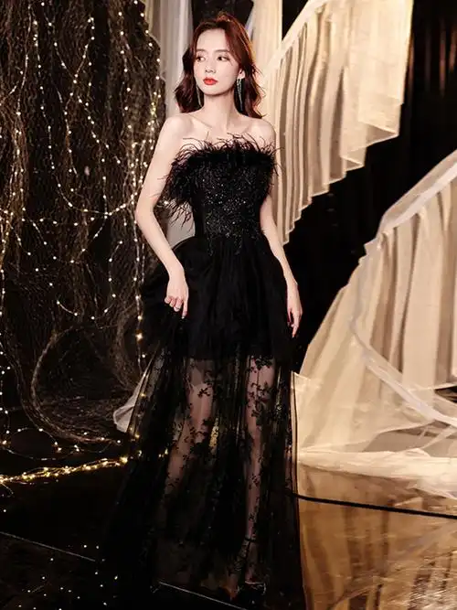 黑色晚礼服名媛2022春季新款仙气性感抹胸生日年会礼服厂家批发