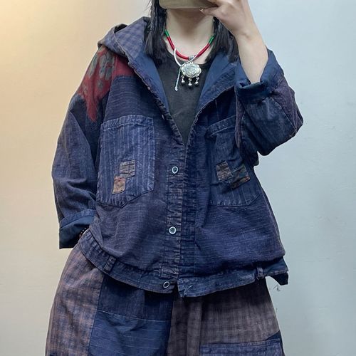 原创文艺复古拼接连帽牛仔老土布粗布外套女短款宽松上衣开衫外衣
