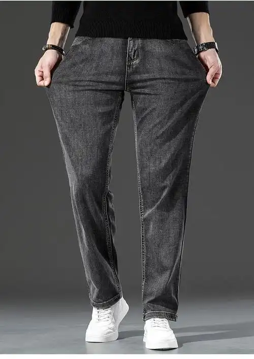 啄木鸟秋冬季男装牛仔裤直筒宽松高端烟灰色阔腿耐磨复古胖子秋冬款
