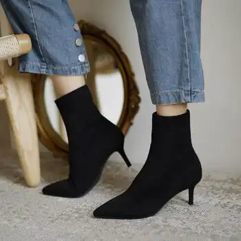 靴磨砂皮袜靴女细跟高跟鞋秋冬新款棕色小跟瘦瘦短靴黑色65cm跟绒里34