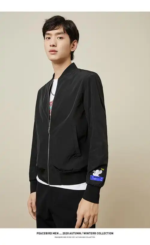 太平鸟男装秋季刺绣时尚夹克修身休闲棒球服短款上衣茄克黑色1xxl