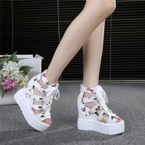 夏季鱼嘴鞋系带欧美超高跟凉鞋松糕底高帮女罗马鞋内增高凉靴 白色 35